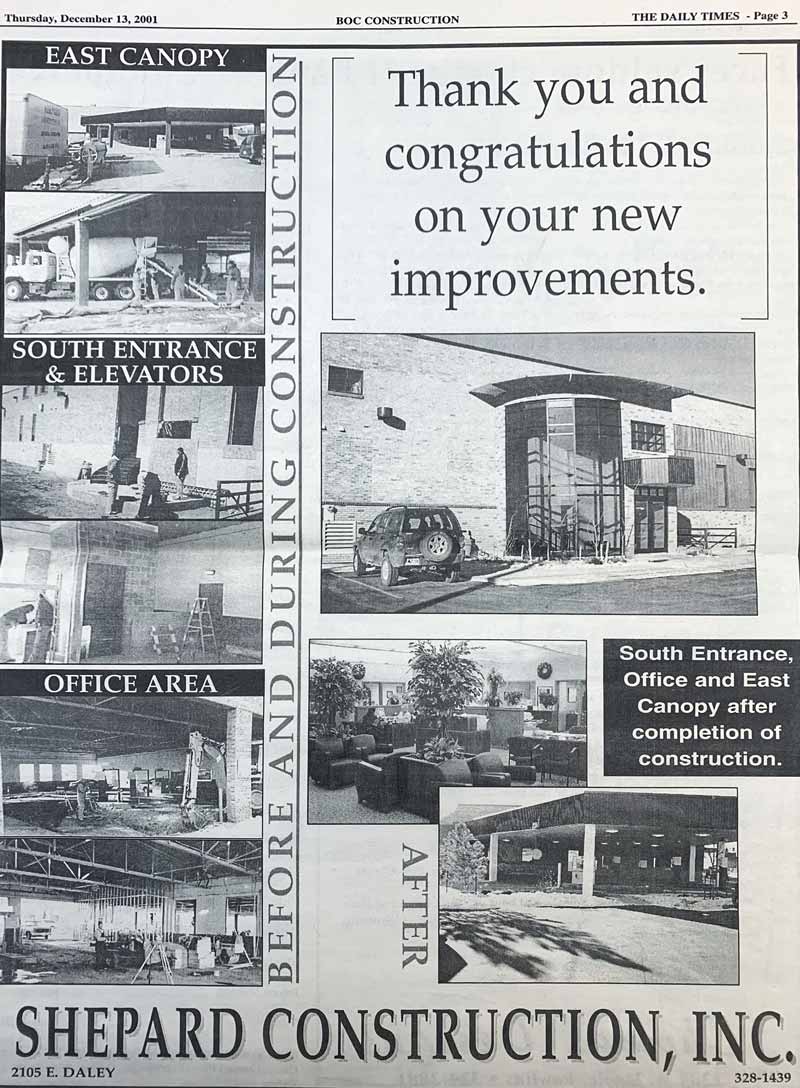 Newspaper cutout congratulating several new developments constructed by Shepard Construction
