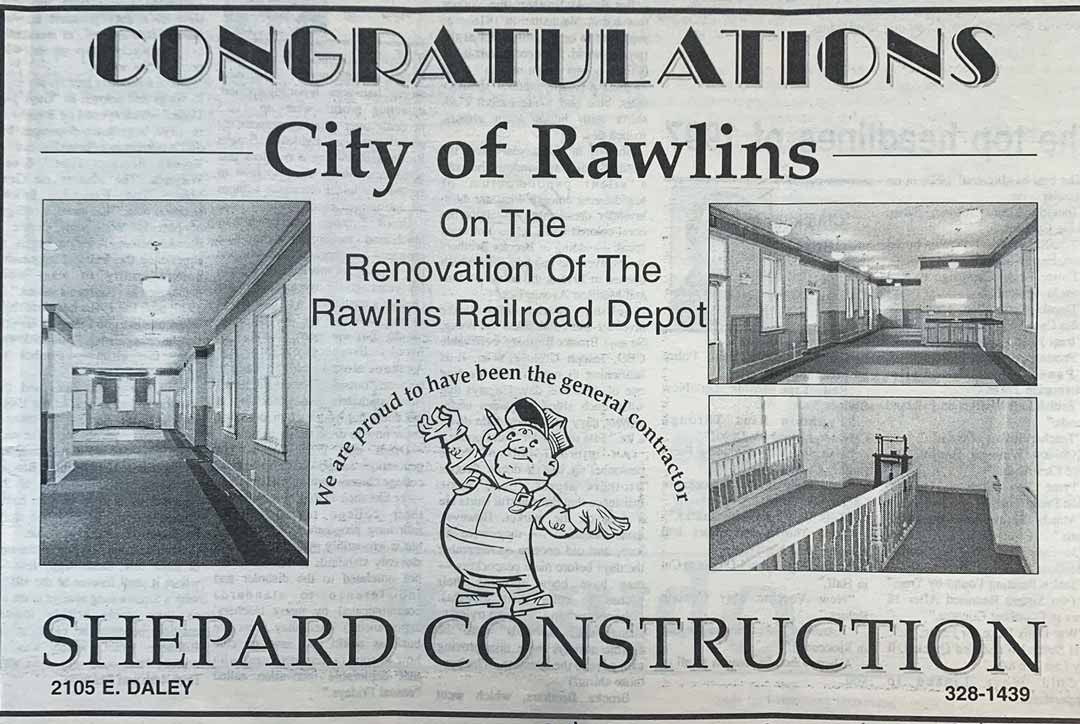 Newspaper cutout of Rawlins Railroad Depot renovation by Shepard Construction