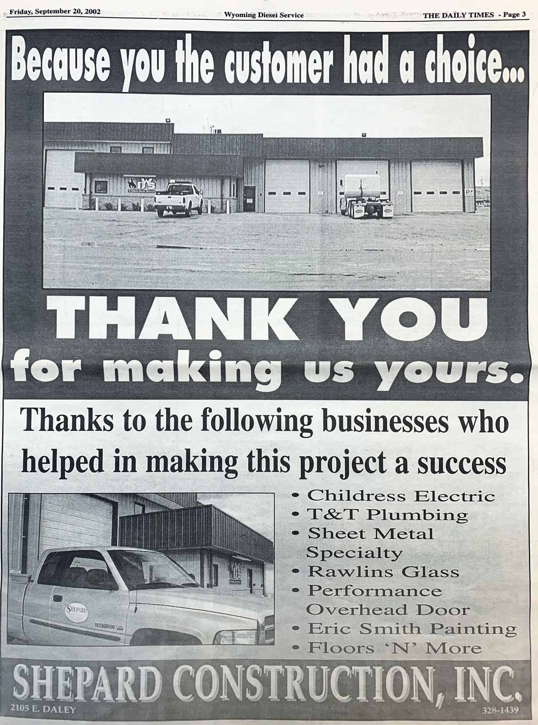 Newspaper cutout thanking Shepard Construction