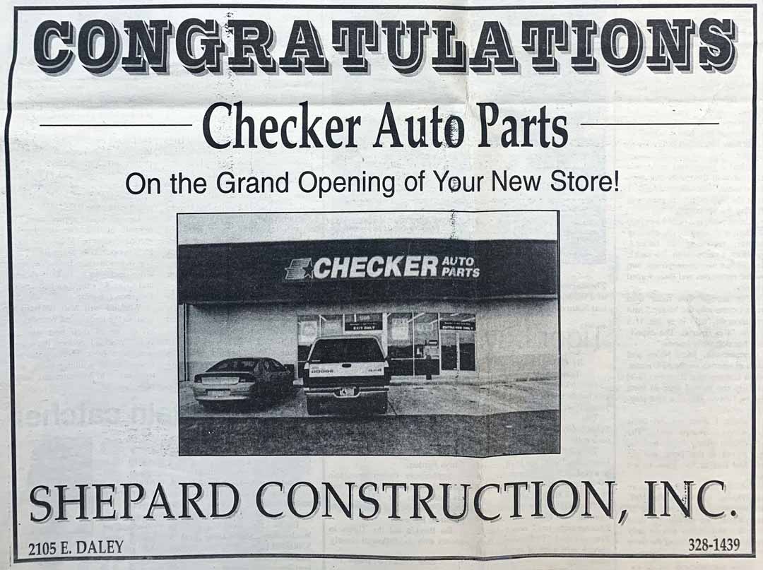 Newspaper cutout congratulating Checker Auto Parts on opening, constructed by Shepard Construction
